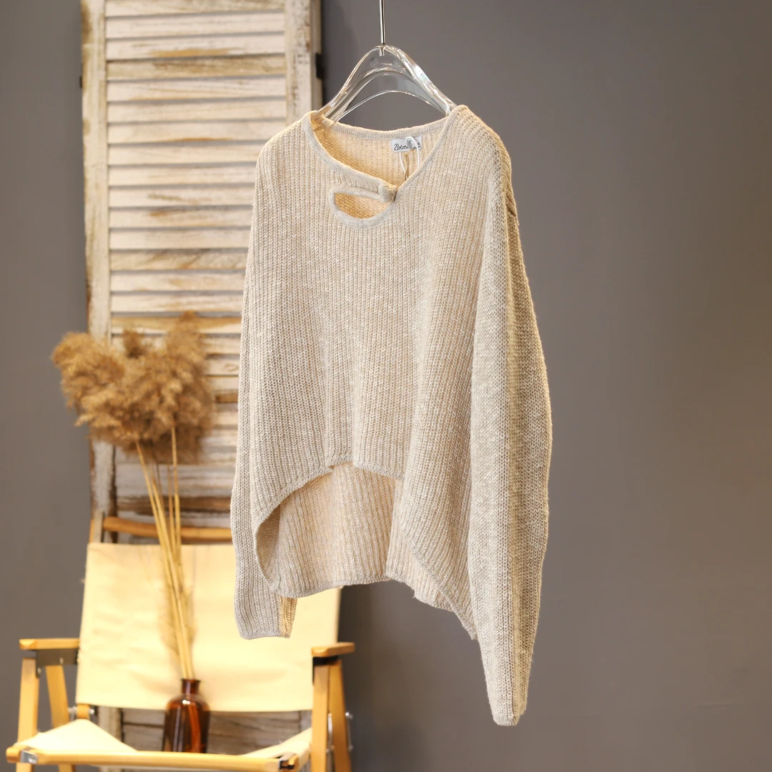 新品2025秋装纯色百搭棉麻套头显瘦针织上衣宽松休闲松弛感毛衣女