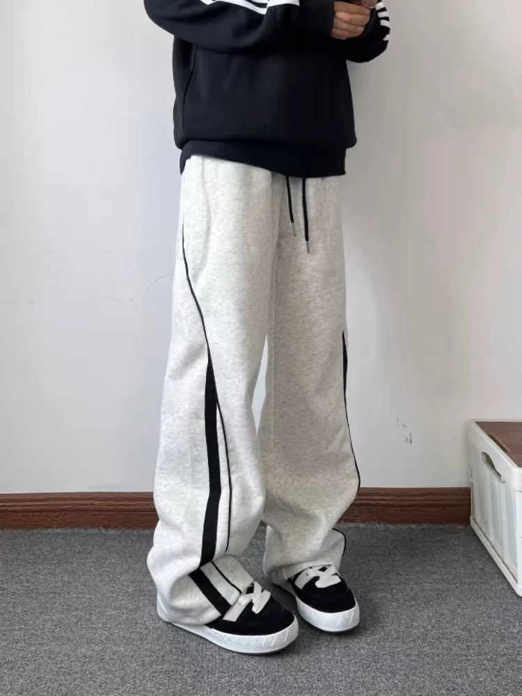 C23！秋冬季新款美式重磅直筒休闲运动裤条纹拼接百搭卫裤男女