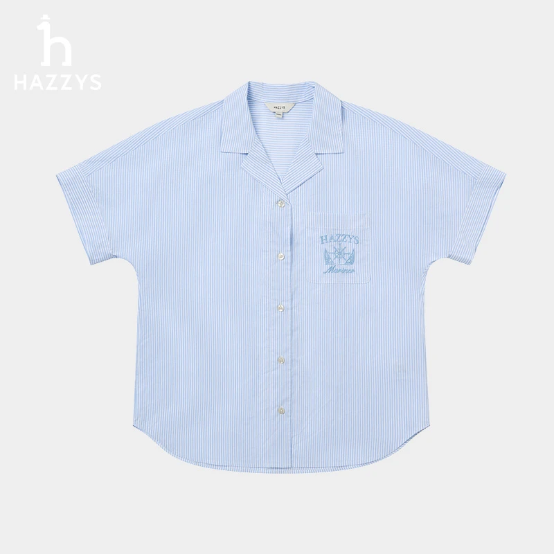 Hazzys哈吉斯女士夏季休闲短袖衬衫时尚条纹通勤衬衣