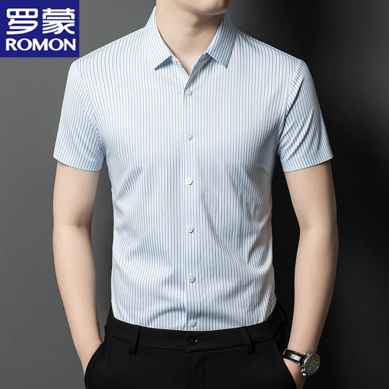 罗蒙冰丝短袖衬衫男士夏季薄款条纹半袖上衣休闲商务无痕衬衣男装