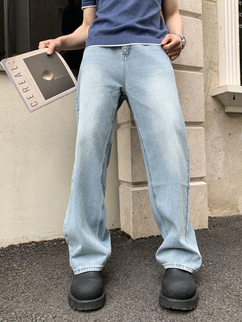 MonsterG韩系水洗复古直筒牛仔裤男新韩版凉感宽松休闲设计感长裤