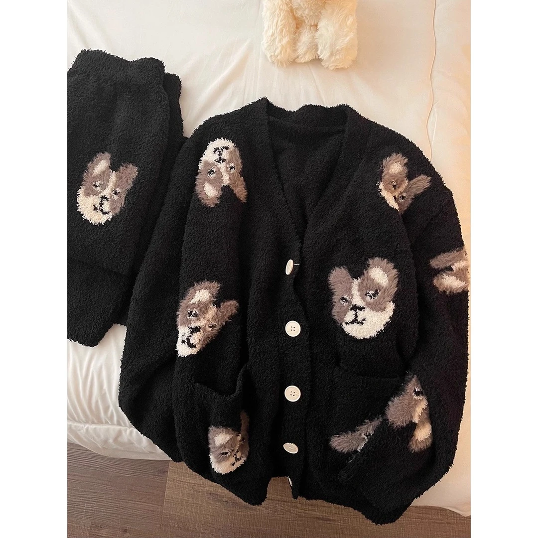 可爱小狗印花黑色半边绒秋冬睡衣女韩版甜美风加厚保暖开衫家居服