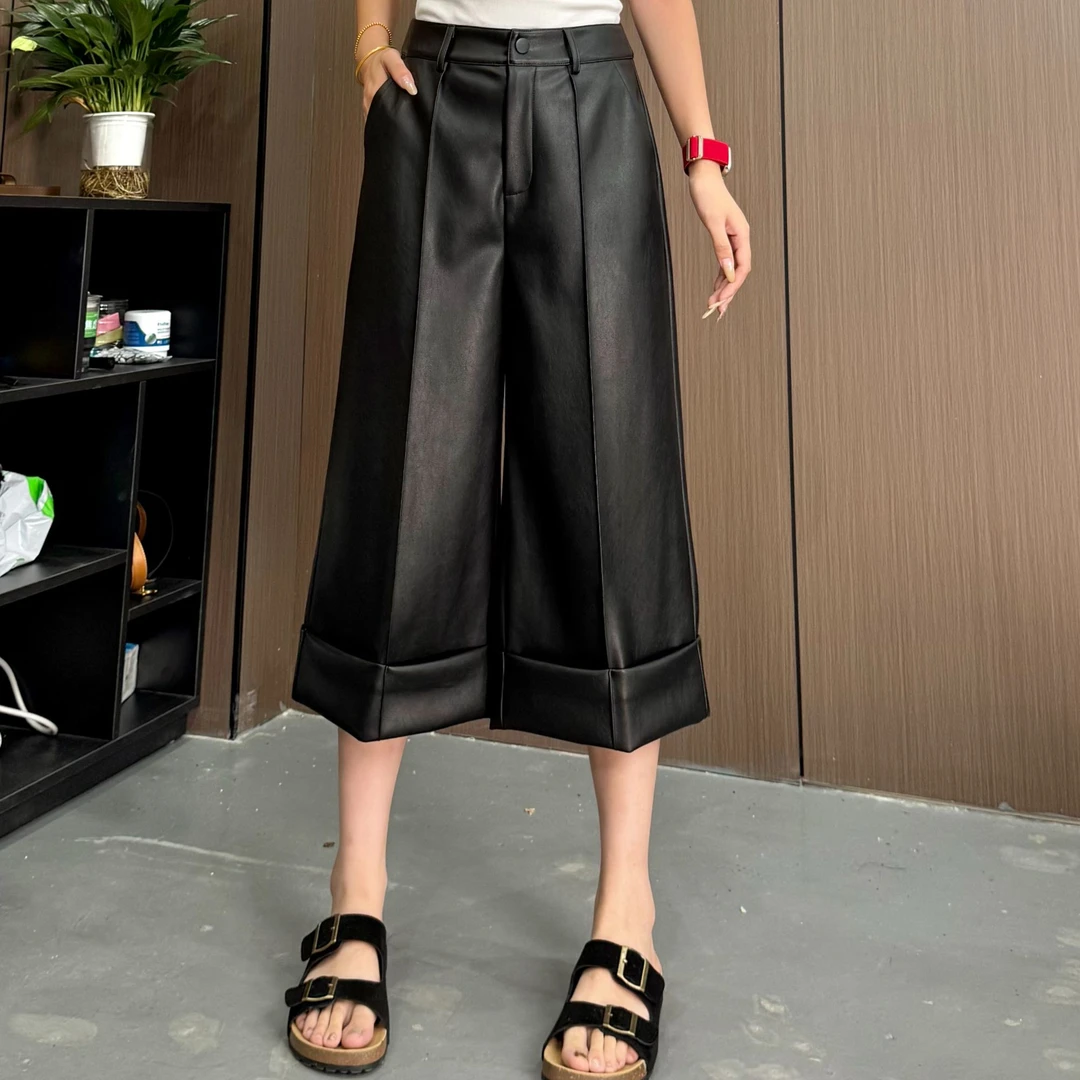 海宁正品七分裤西装卷边皮裤新款百搭显瘦遮肉黑色时尚裤子