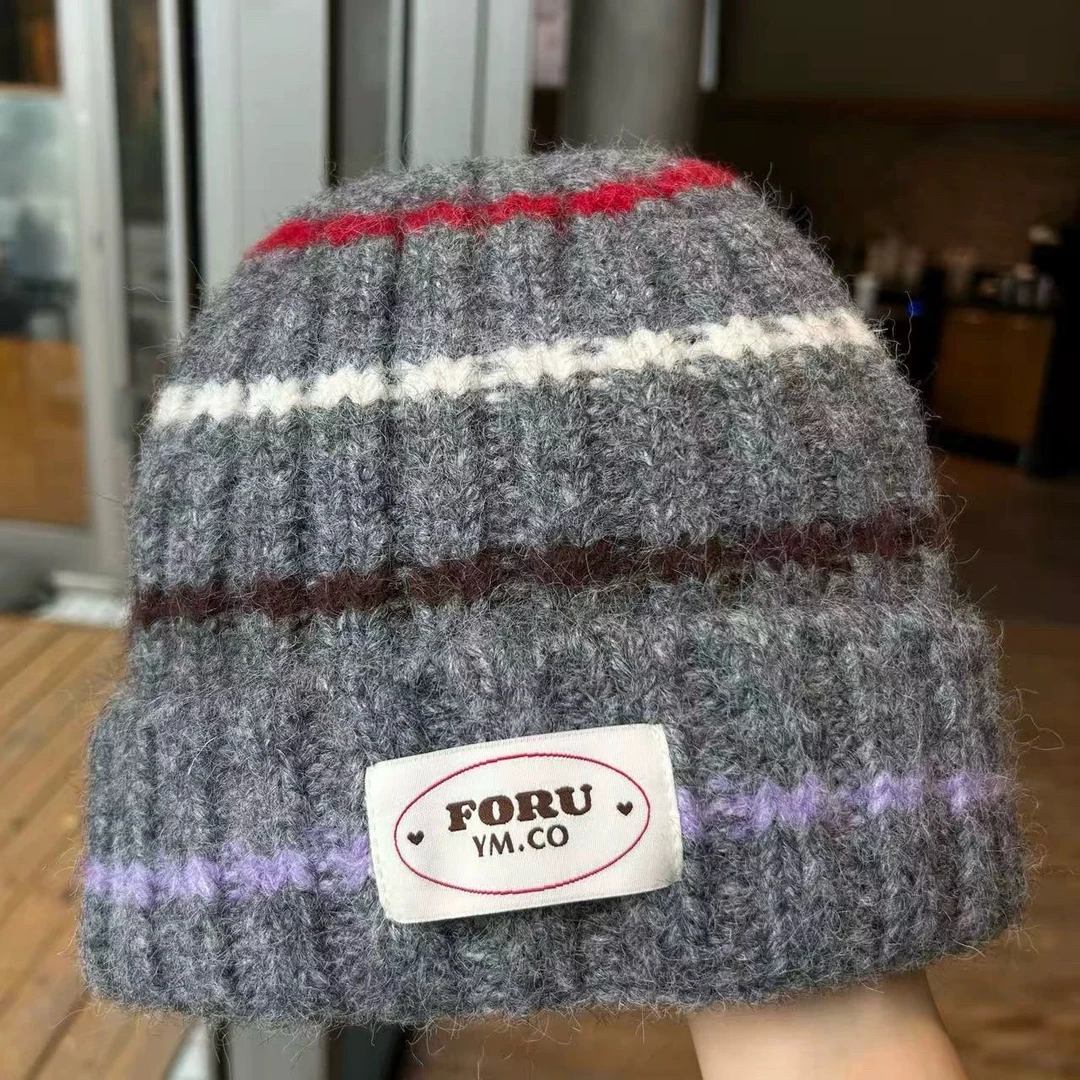 新款条纹秋冬加厚保暖毛线帽针织冷帽大头围显脸小韩版套头帽