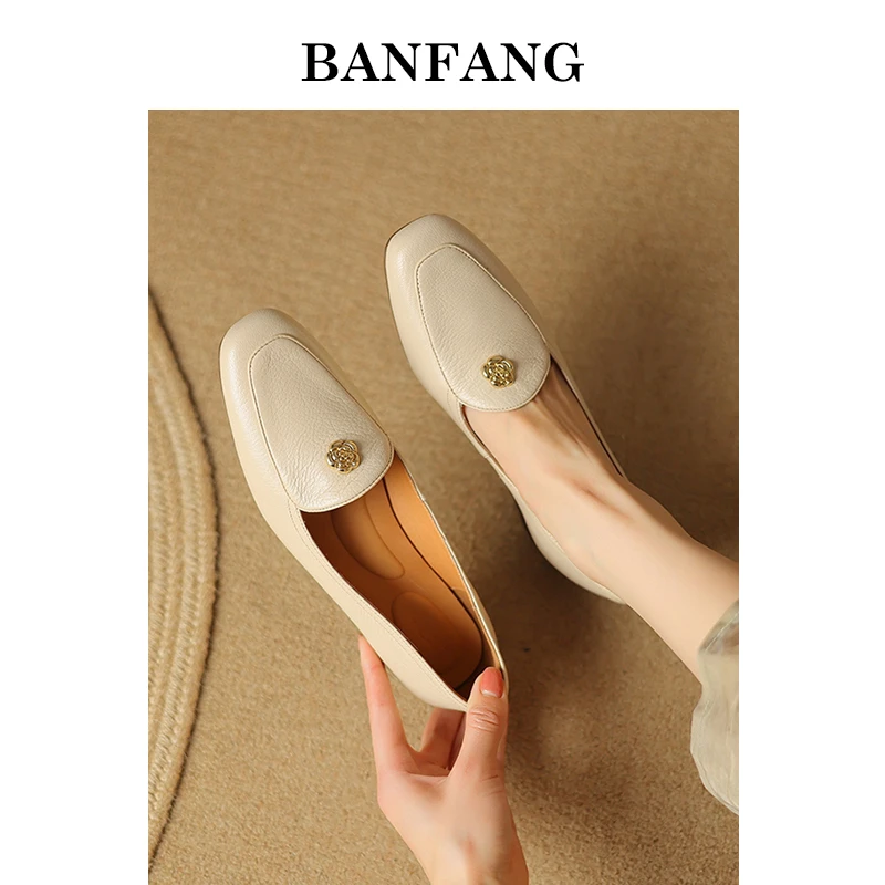 半坊手工女鞋/34-40/3.0cm/法式方头浅口山茶花软面真皮粗跟单鞋