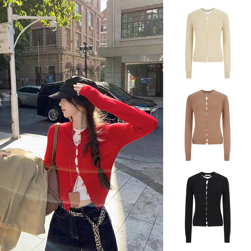 Moses Queen/魔西女王假两件针织开衫女修身显瘦长袖软糯外搭上衣