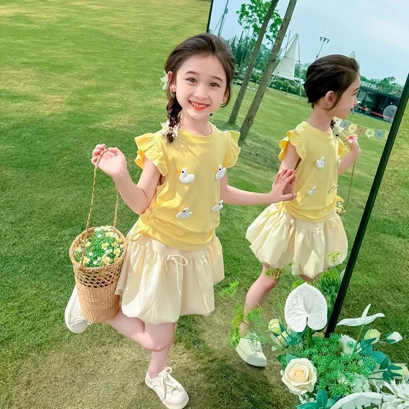 女童套装夏季2025新款洋气时髦中小童夏装儿童小飞袖花苞裙两件套