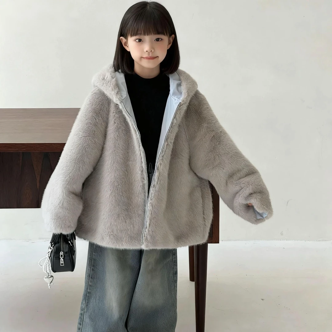 2025新款两面穿外套防水外套仿皮毛男童女童外套连帽防风防水保暖