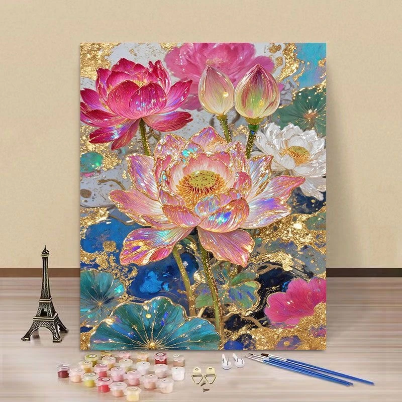 中国风鎏金荷花diy数字油画手工填色植物花卉治愈手绘丙烯装饰画