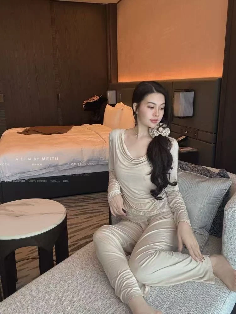 2025新款春秋代尔棉蕾丝拼接法式睡衣女款长袖纯欲可外家居服套装