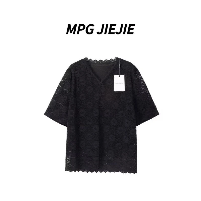 MPG JIEJIE福利款【花游记】春夏大码拼接蕾丝设计感V领重工短袖T恤