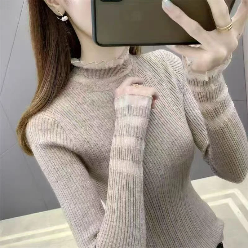 655-5#【衣长58】半高领毛衣打底衫女秋冬长袖上衣蕾丝花边针织衫