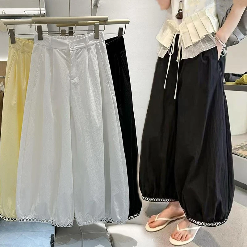 韩系镂空花苞阔腿裤女夏季薄款松紧高腰休闲裤宽松白色九分灯笼裤