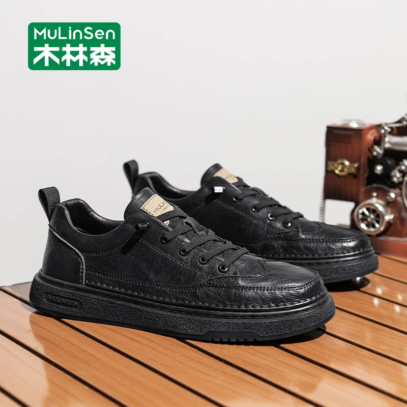 木林森男鞋春秋休闲板鞋男黑色皮鞋英伦2025新款潮流一脚蹬工作鞋
