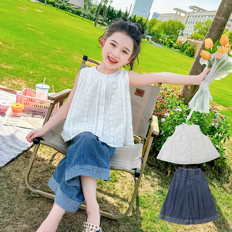 女童夏季无袖衬衣牛仔阔腿裤儿童宽松韩版女宝宝百搭时尚套装潮流