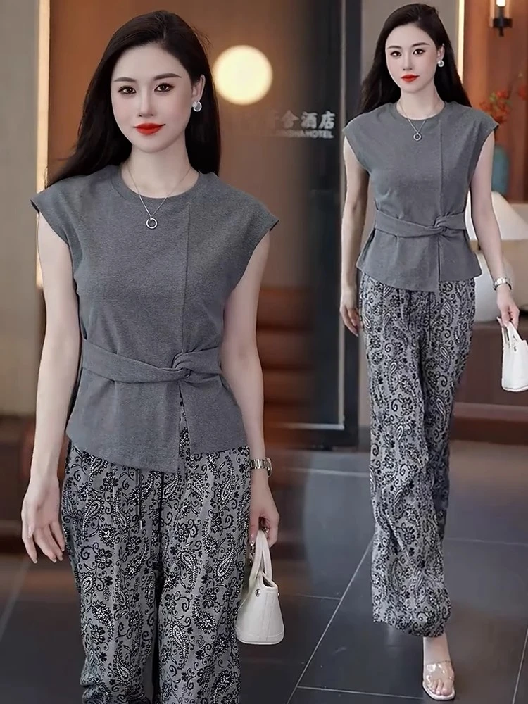时尚套装女2025夏季新款洋气显瘦设计感短袖T恤印花阔腿裤两件套