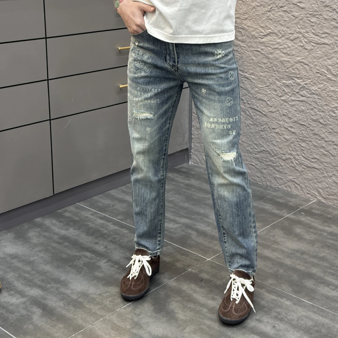 2025春季新款时尚休闲百搭印花薄款男士小脚牛仔裤6083