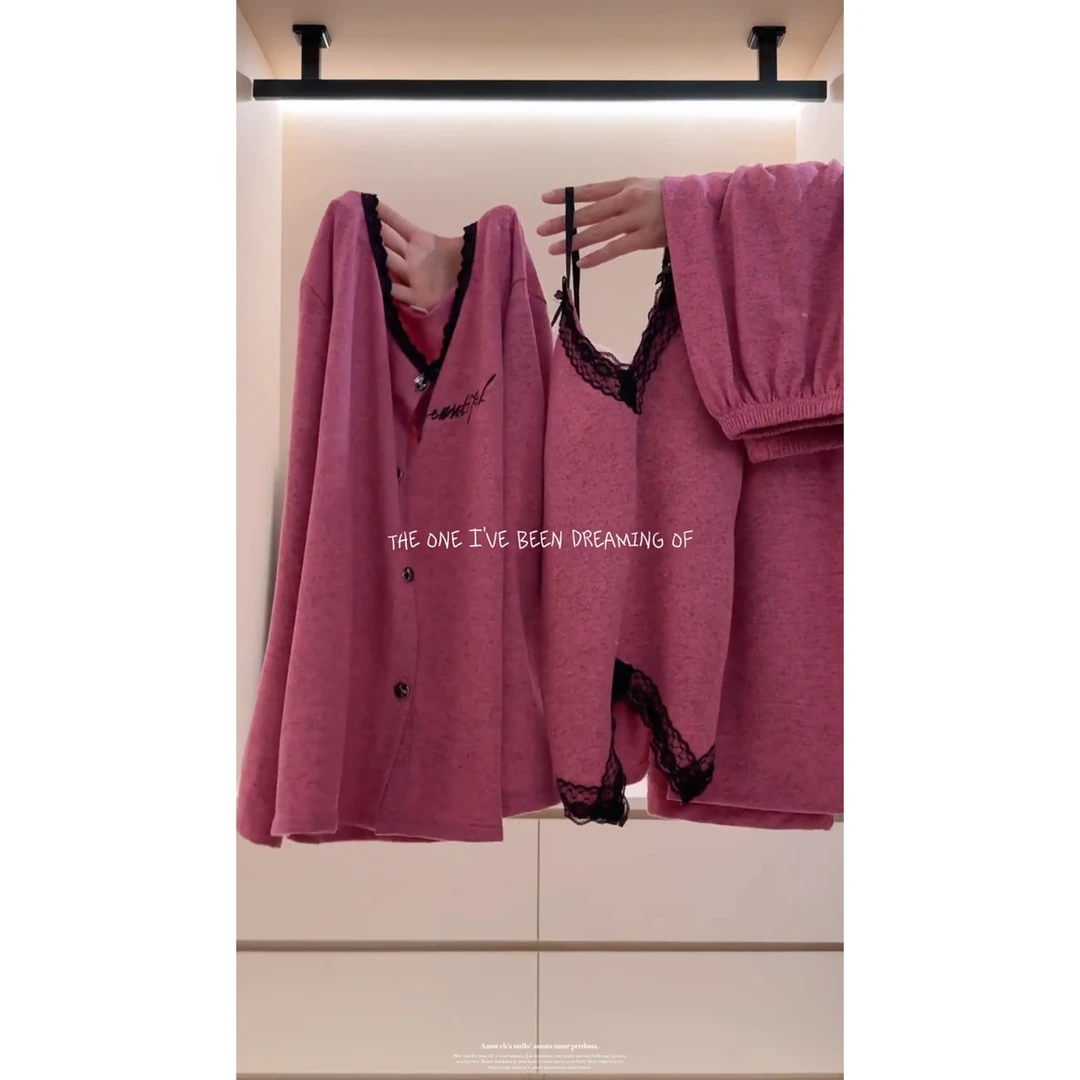 拼接蕾丝纯欲吊带莫代尔棉睡衣女春秋季新款长袖长裤家居服三件套