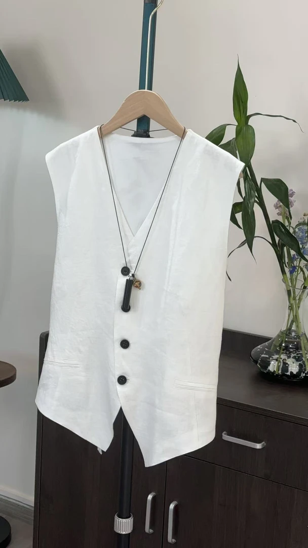 100%亚麻老钱风休闲百搭无袖气质白色针织夏季潮流马甲N-25026