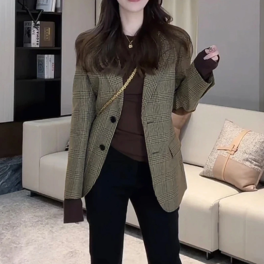 定制面料轻奢复古格纹西装休闲西服外套时尚气质高级感复古西装