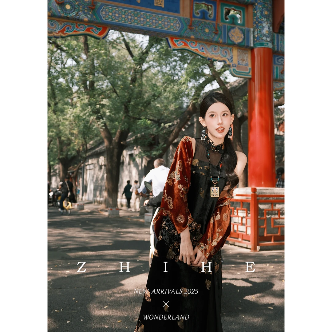 无艳一禾【墨花吟】静奢人丝丝绒印花无袖连衣裙+纱裙