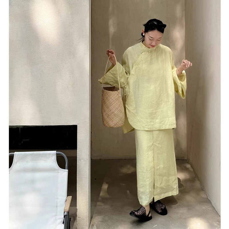 新中式棉麻套装女春秋新款清冷气质宽松盘扣立领衬衫半身裙两件套