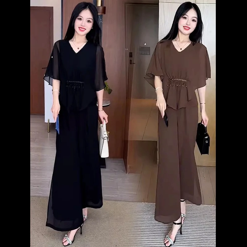 时尚雪纺套装女2025夏季新款洋气遮肉显瘦短袖上衣阔腿裤两件套潮