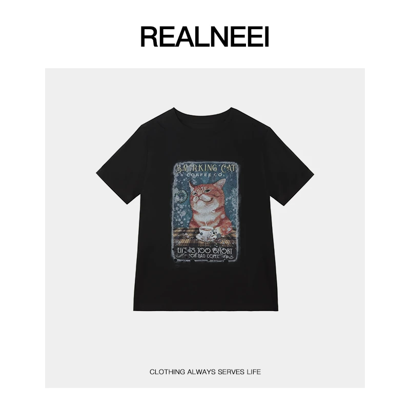 REALNEEI【猫tee】水洗做旧休闲舒适主义设计款基础短袖T恤21452
