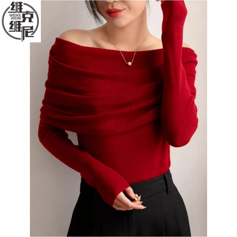 纯欲露肩锁骨长袖一字肩针织衫毛衣女春秋内搭打底衫外穿红色上衣