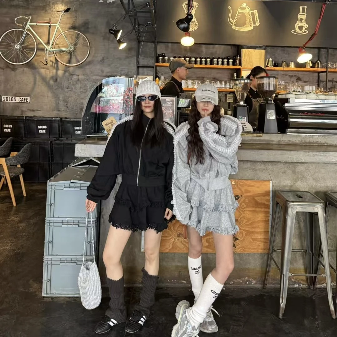 韩版重工花边蕾丝套装立领开衫卫衣蛋糕短裙两件套时尚休闲ins