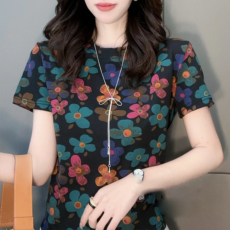 【纯棉】洋气衣服女花朵短袖t恤女款2025新款妈妈装夏季显瘦T恤上衣