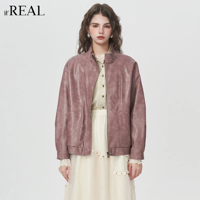 It'real瑞尔女装春季新款时尚休闲宽松立领皮衣9751220002