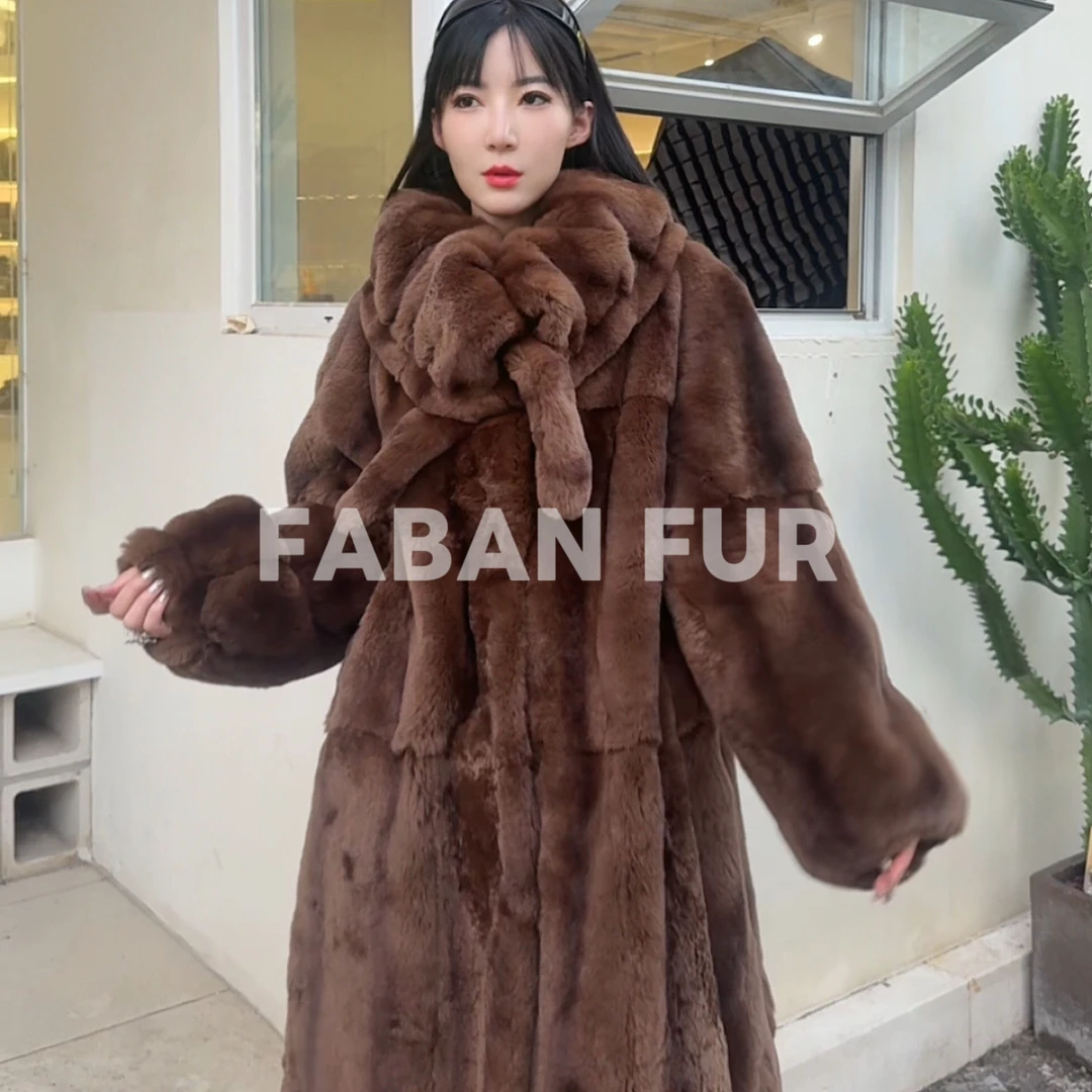 0730獭兔毛翻领飘带长款皮毛一体皮草外套大衣女反季正宗真毛