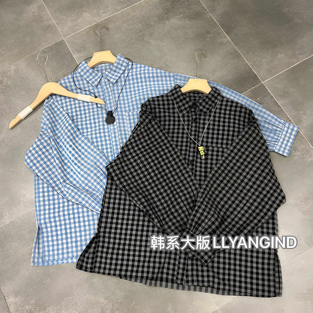 韩系宽松大版格子长袖衬衫外套女2025秋款~新款甜美百搭休闲衬衣