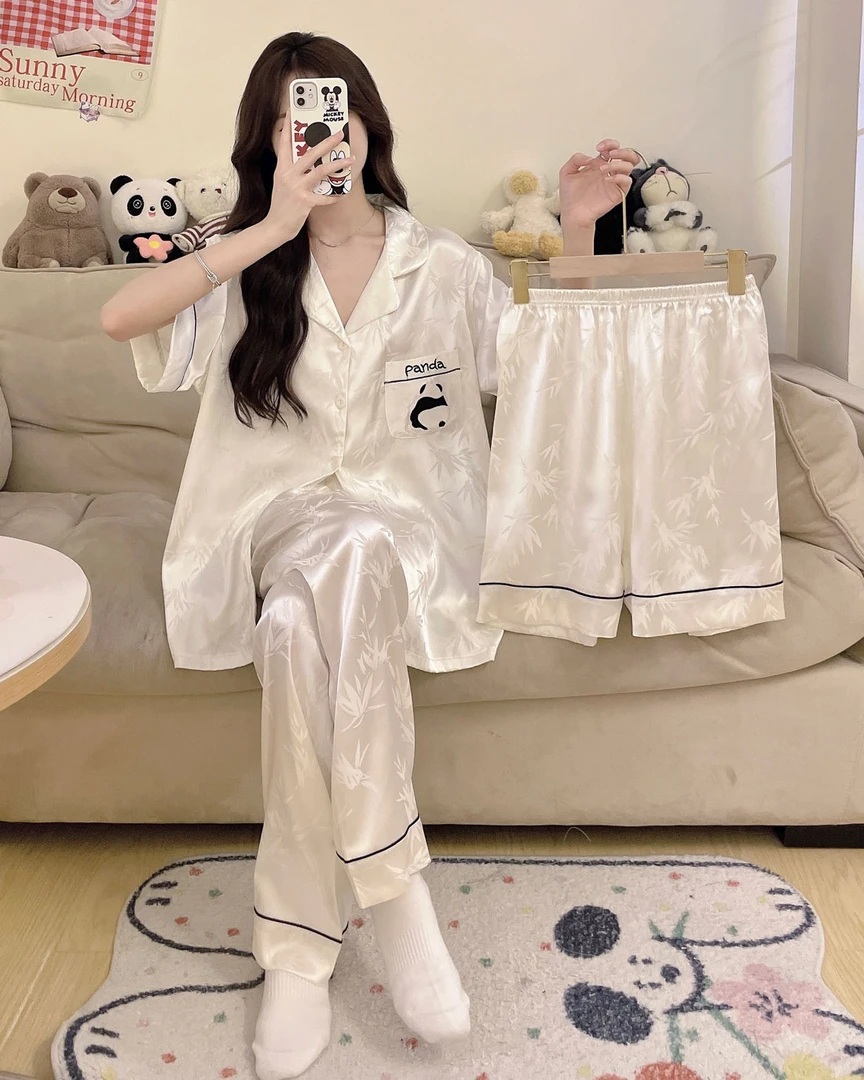 国风熊猫冰丝睡衣女士三件套装春秋季短袖睡衣女款爆款2025新款