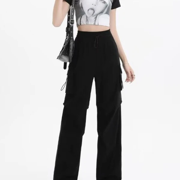 美式工装女宽松显瘦辣妹春夏新款 直筒抽绳束脚休闲多口袋工装裤