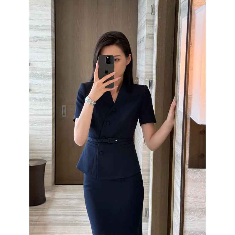 高智精英/摩登精致/藏蓝V领腰带修身显瘦西装半身裙两件套-3533