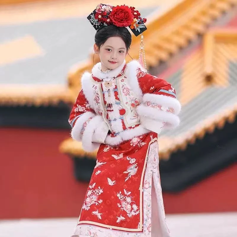 【雪落眉心】女童秋冬儿童汉服拜年服冬季加厚格格装喜庆红色过年服