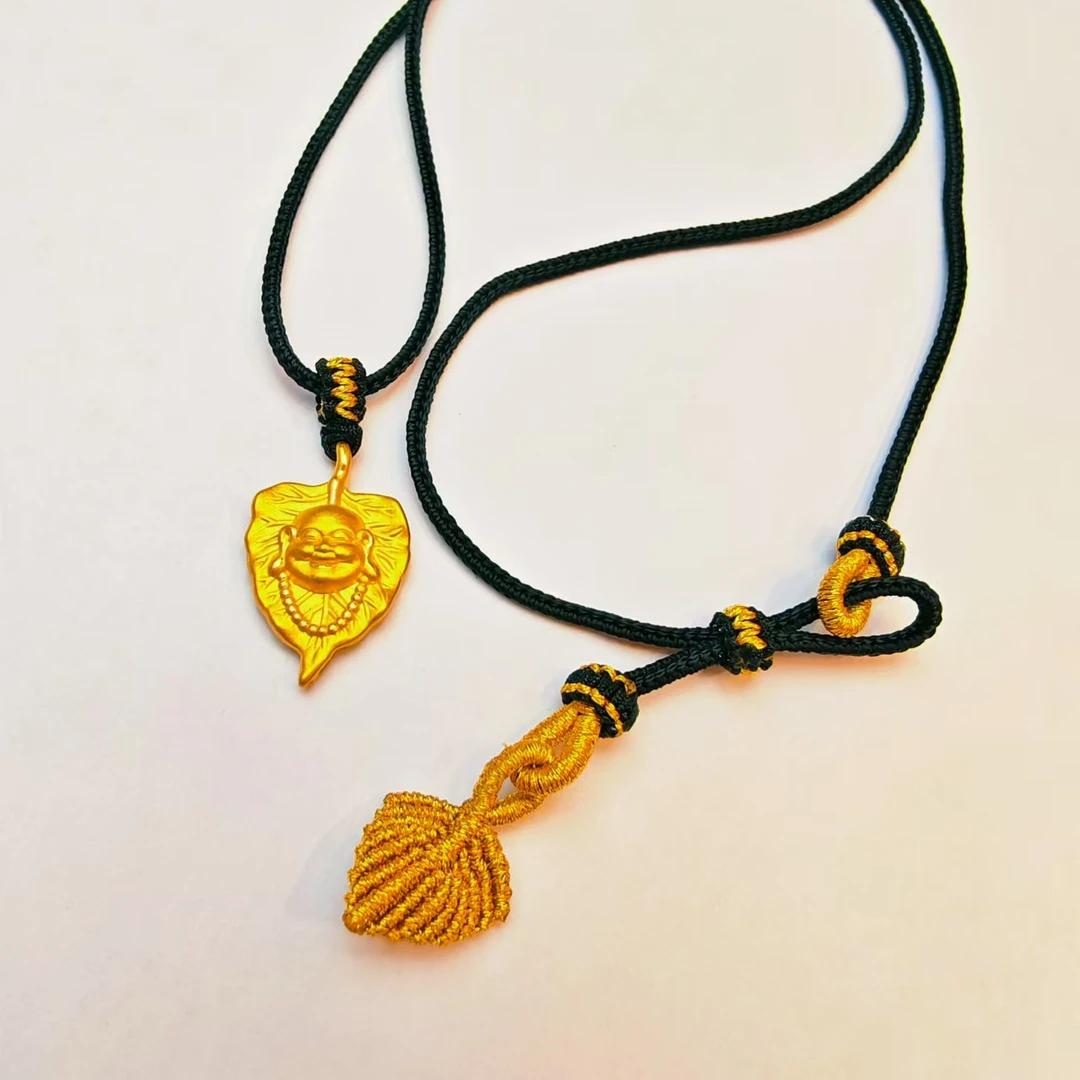 153#足金999黄金 5D硬金工艺一叶佛 黑绳编织