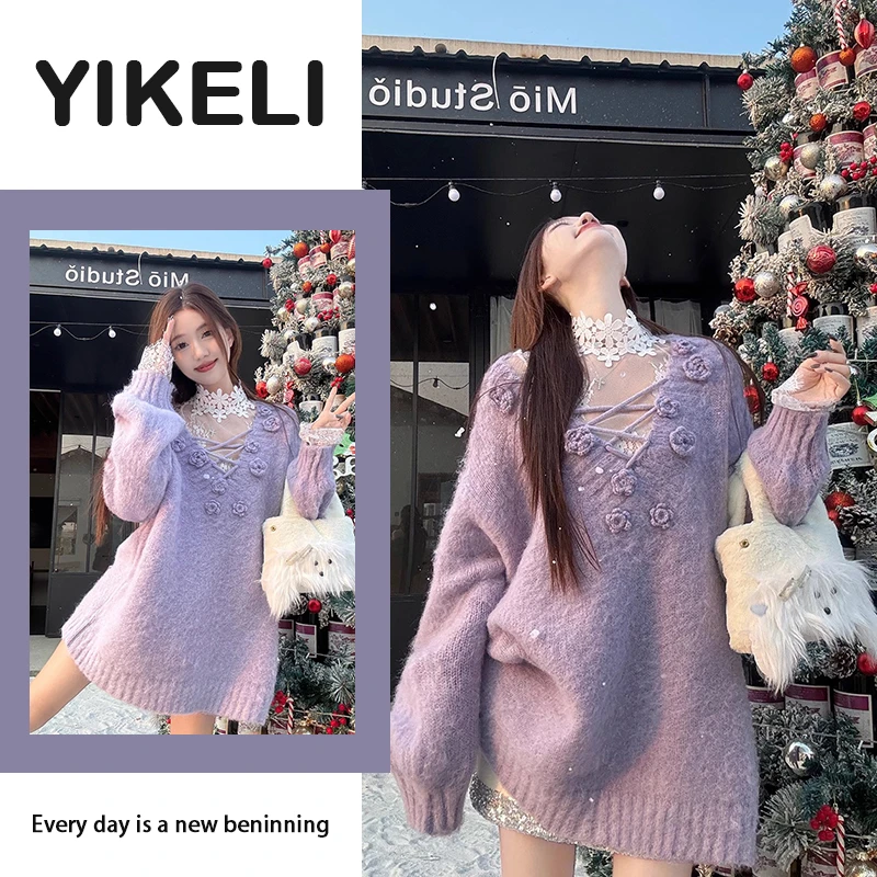 紫色立体花朵针织毛衣女冬季2025新款宽松显瘦V领叠穿温柔风套装