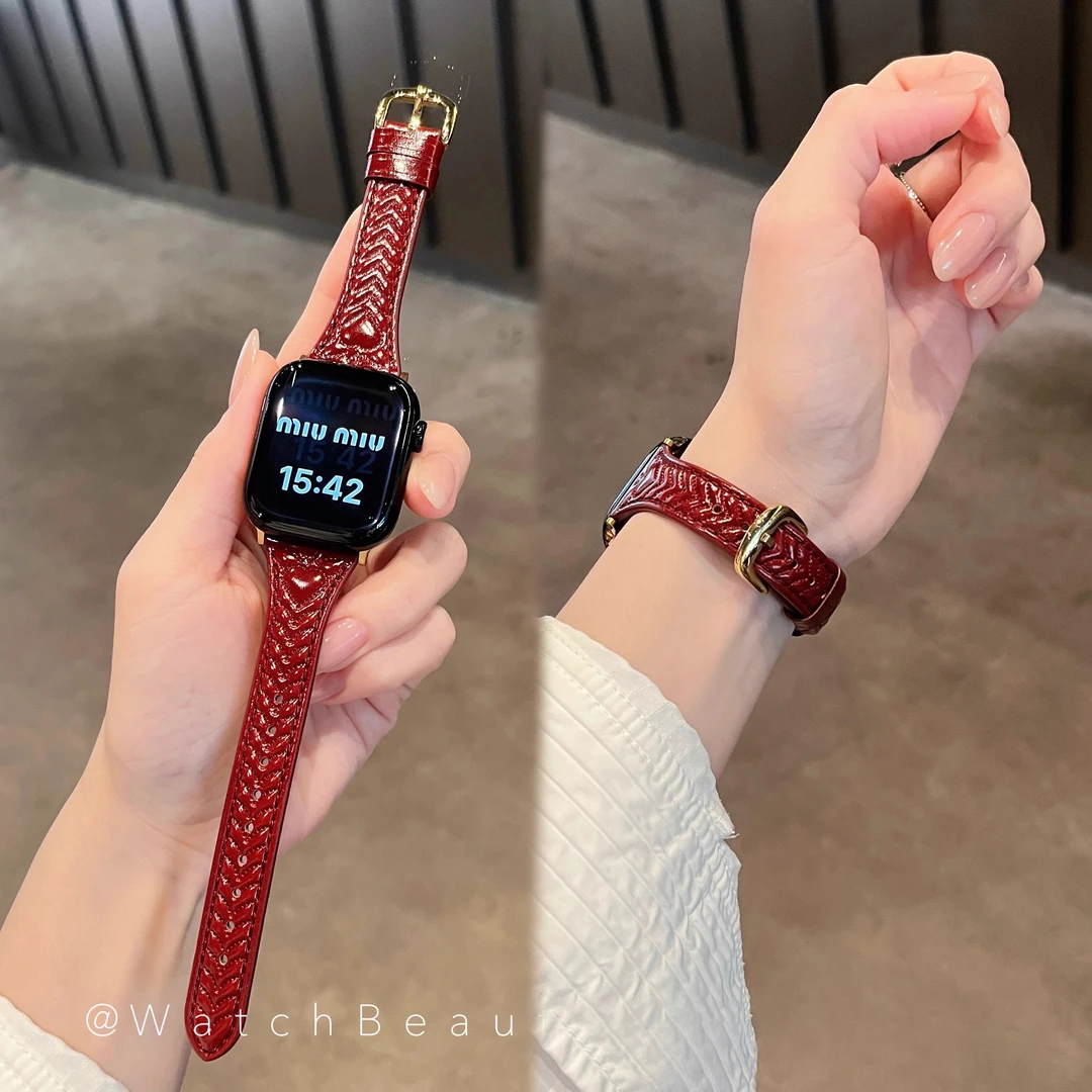 小蛮腰爱心压印皮质苹果手表表带适用于Apple Watch11iwatch10s98