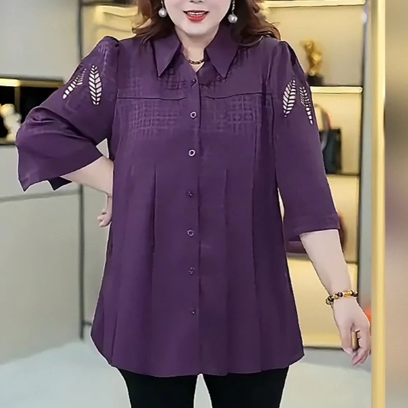 胖妈妈高档品质大码女装加肥宽松时尚翻领衬衫短袖T恤洋气显瘦潮