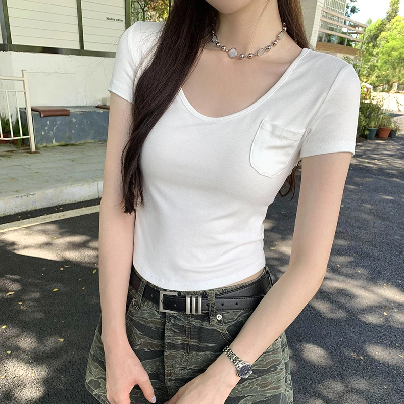 【Q】 短袖口袋圆领女士薄款修身T恤常规款短款抗起球通勤 240057