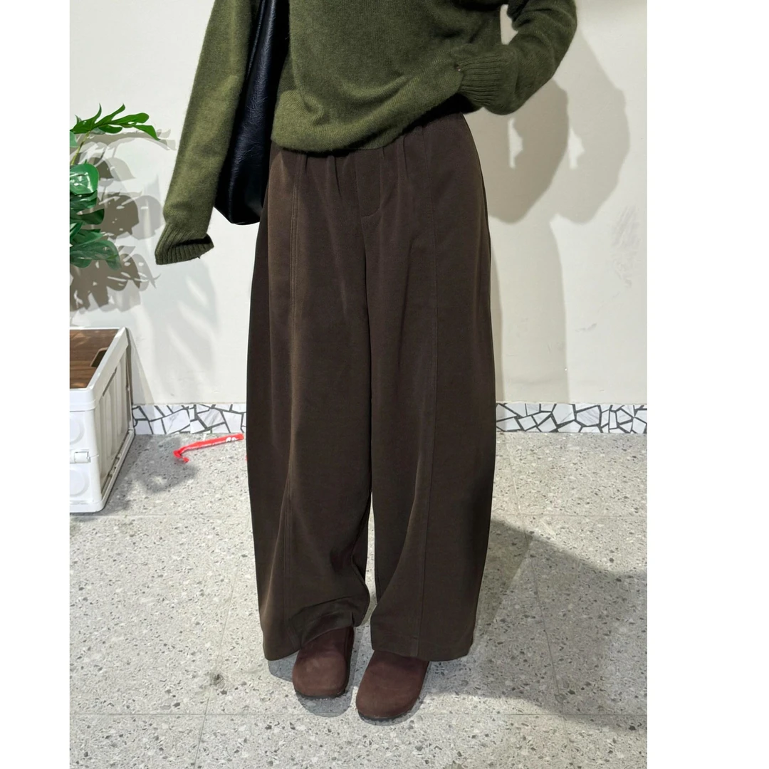 冬季加绒加厚毛呢弯刀阔腿裤大码女装微胖mm休闲直筒流行梧桐裤