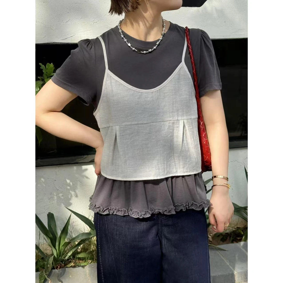 方和屿.纯色短袖圆领通勤常规款真两件T恤女士短款休闲韩版46851