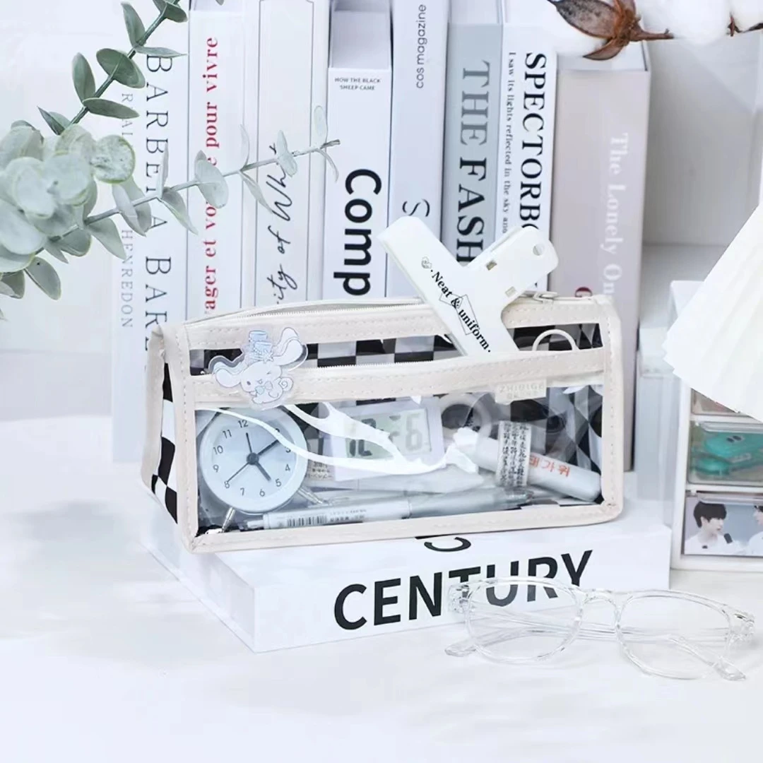 黑白棋盘格透明笔袋女生高颜值大容量收纳袋学生文具盒格子二年级