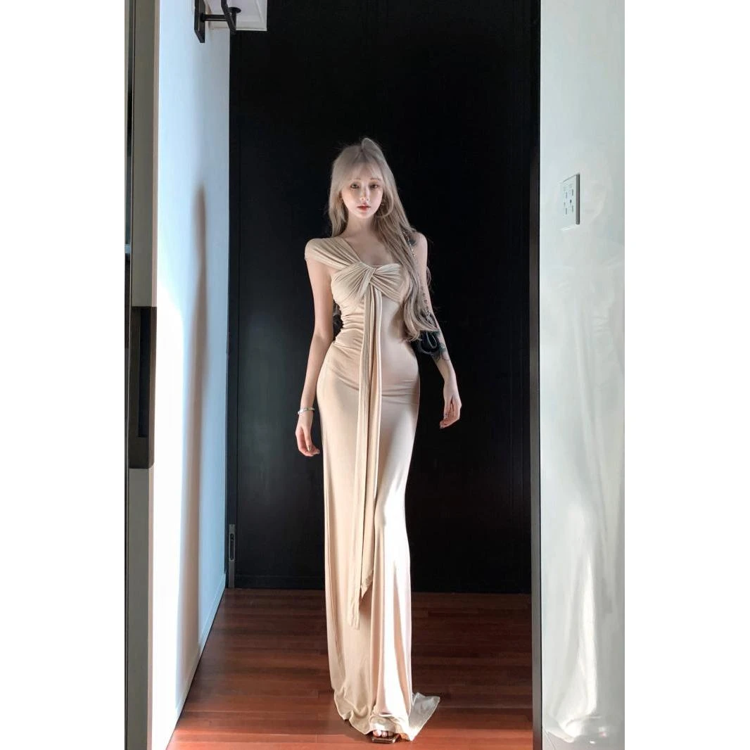 2025新款古希腊风格 不规则飘带仙气莫代尔垂感显瘦气质长裙辣妹