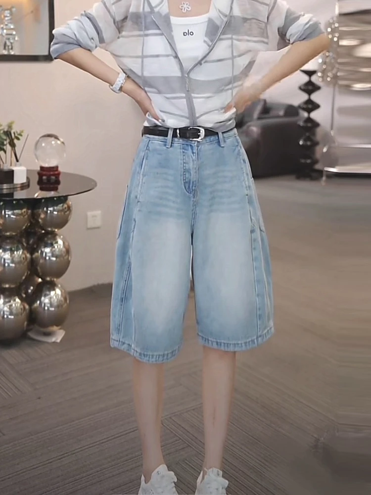 2025夏季新款韩版时尚复古牛仔短裤高腰显瘦宽松直筒五分中裤子女