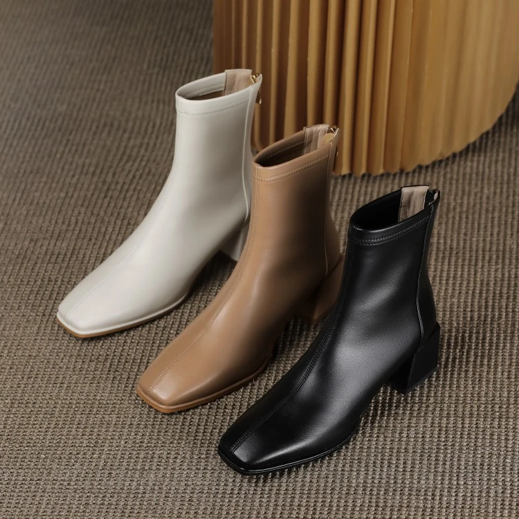 A61/牛皮/5cm瘦瘦靴短靴秋冬新款时尚百搭通勤真皮舒适粗跟女鞋