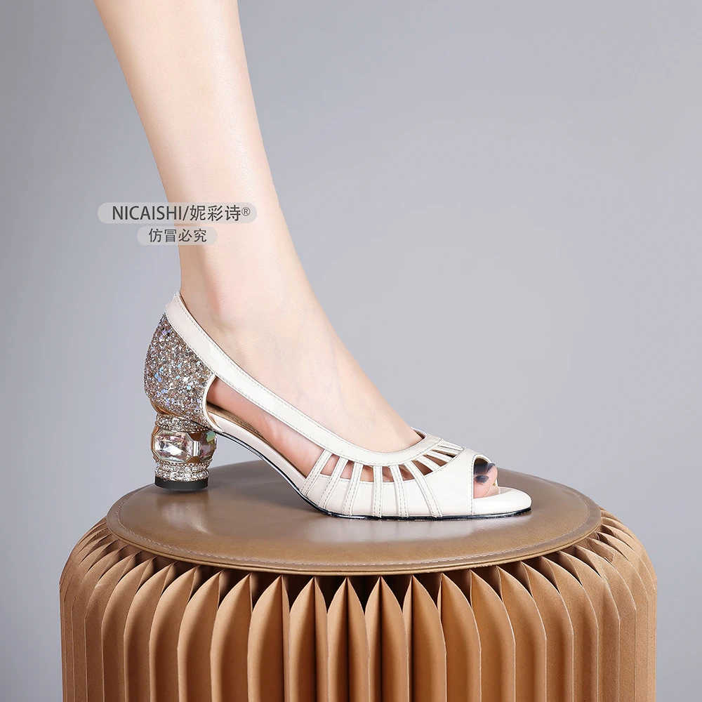 2025年夏季新款粗跟鱼嘴凉鞋女中跟软皮镂空鞋时尚百搭女鞋1715